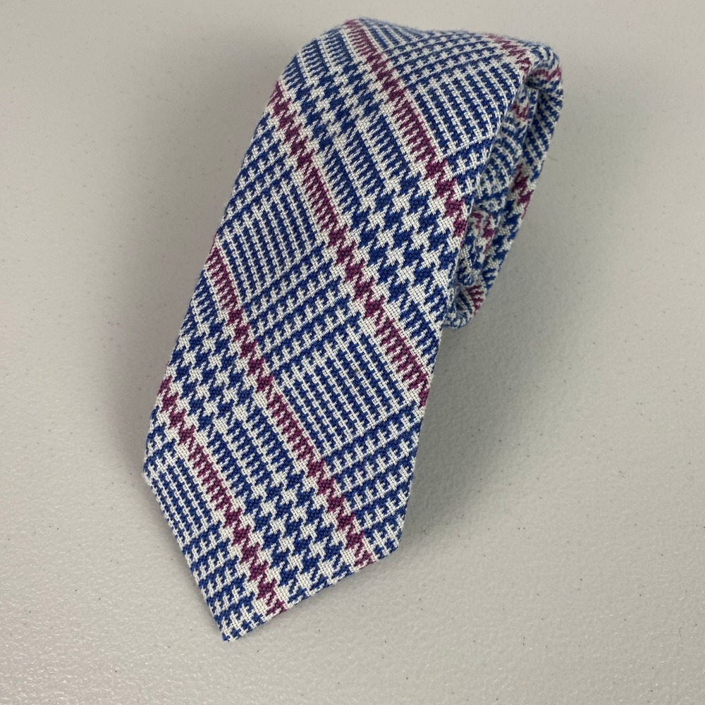 Charles Tyrwhitt Handmade Italy Mens Silk Wool Houndstooth Check Tie Blue Purple